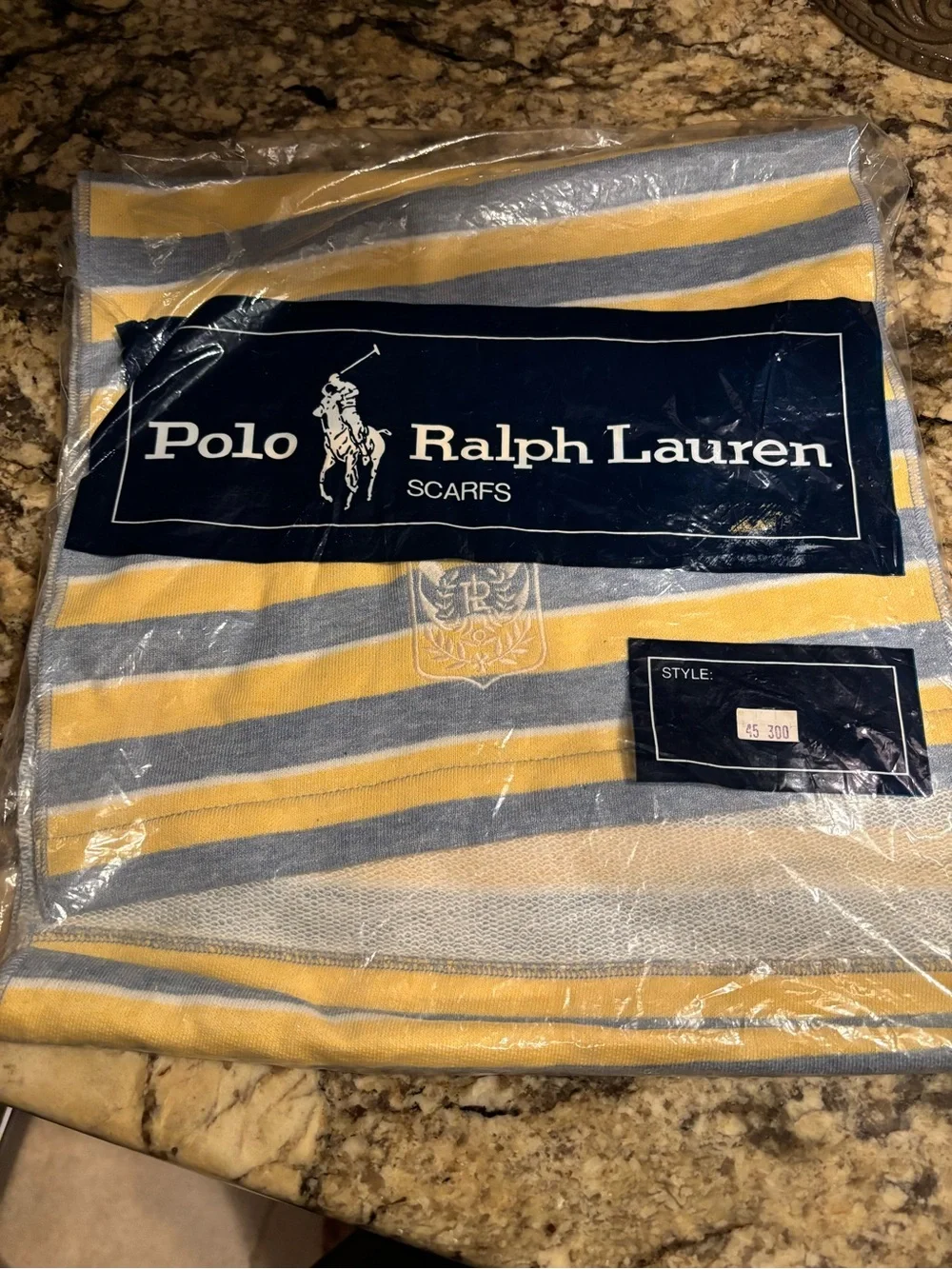 Vintage Polo Ralph Lauren Yellow Grey Blue Stripped Scarf Embroidered Crest